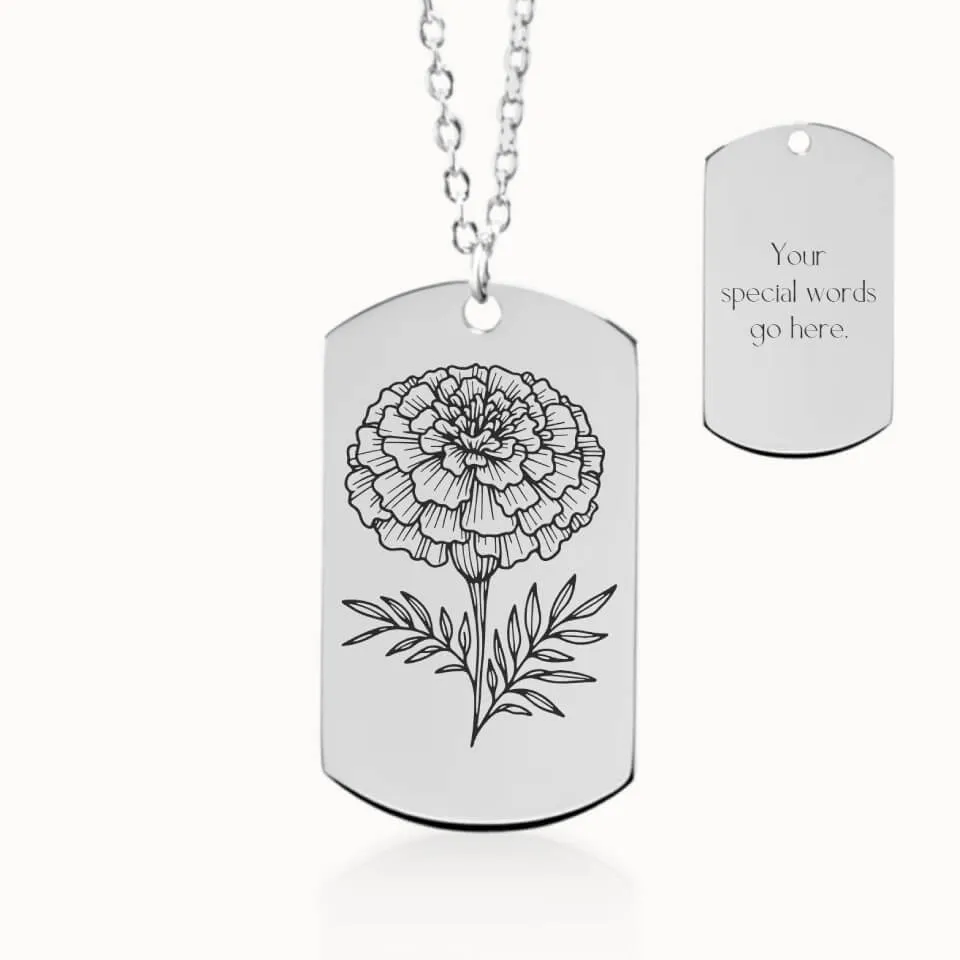 Birth Flower Tag Pendant on Fine Chain
