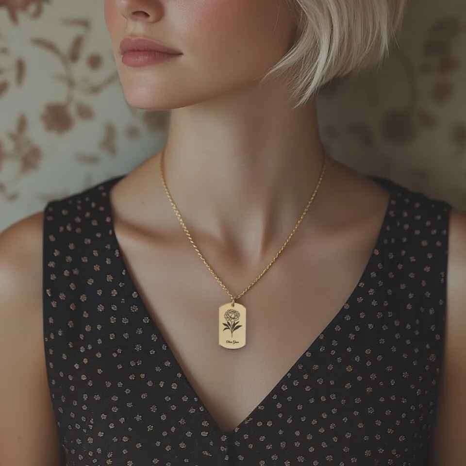 Birth Flower Tag Pendant on Fine Chain