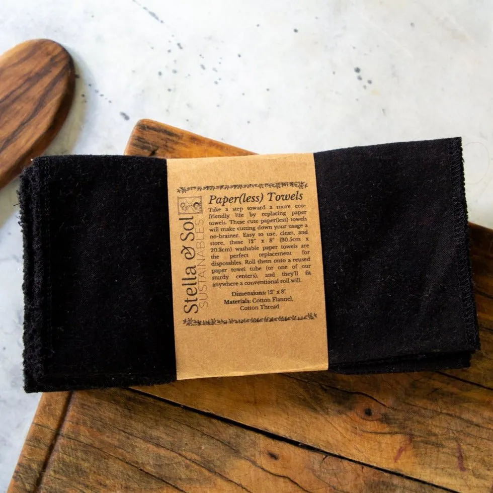 Black Washable Paper(less) Towels Pre-Rolled, Set of 20