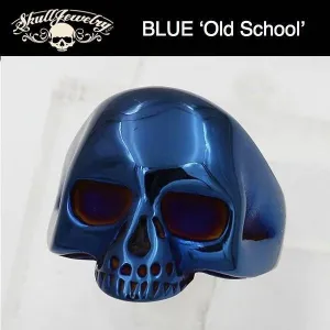 BLUE 'Old School' Stainless Steel Skull Ring (#461)