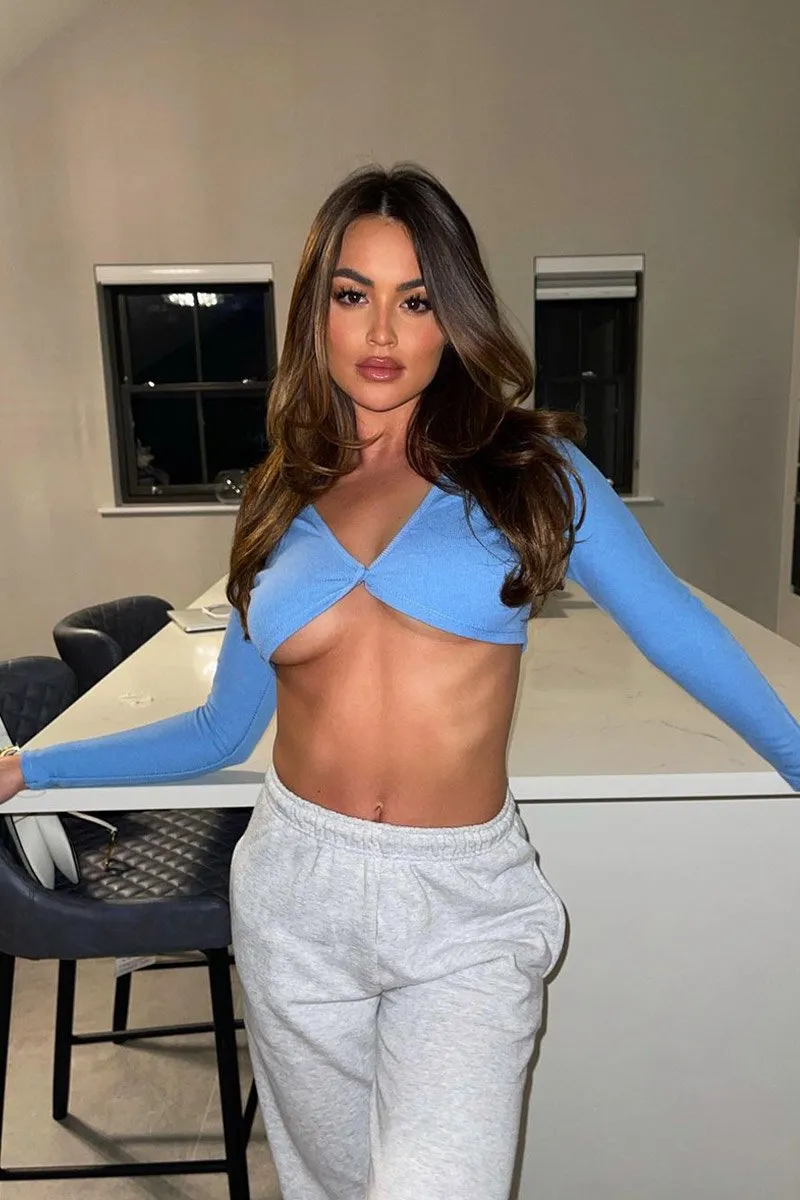 Blue Ribbed Button Fastening Crop Top - Francia