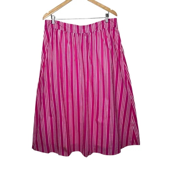 Boden Party Pink &amp; White Stripe Midi A-Line Pockets 100% Cotton Skirt Size 12R
