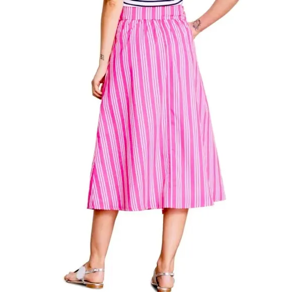 Boden Party Pink &amp; White Stripe Midi A-Line Pockets 100% Cotton Skirt Size 12R