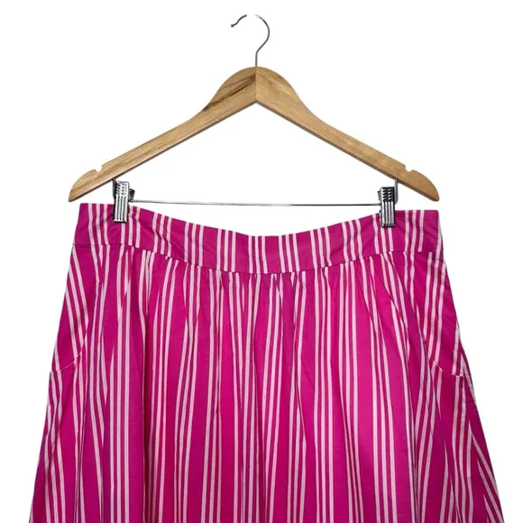 Boden Party Pink &amp; White Stripe Midi A-Line Pockets 100% Cotton Skirt Size 12R