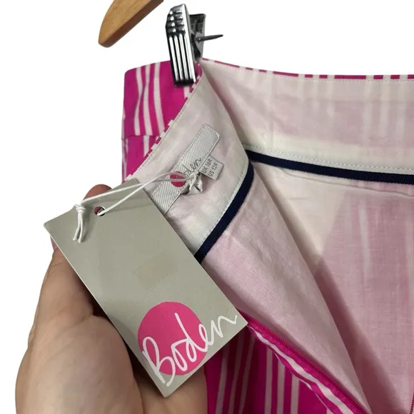 Boden Party Pink &amp; White Stripe Midi A-Line Pockets 100% Cotton Skirt Size 12R