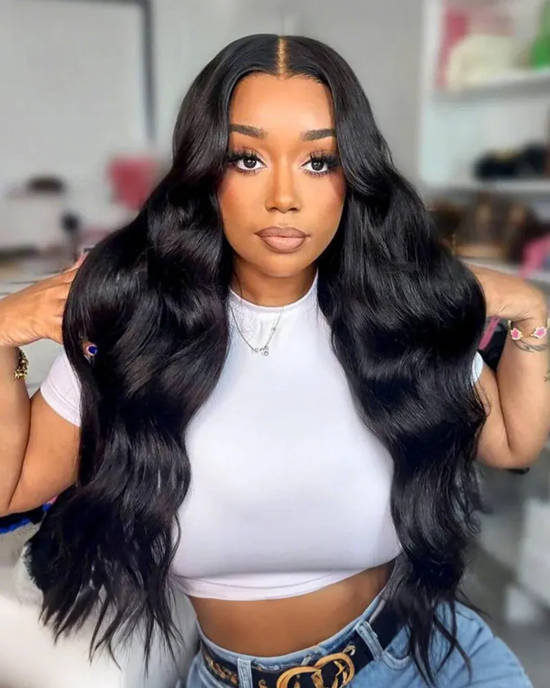 Body Wave Natural Black 4x4 Lace Human Hair Wig Middle Part