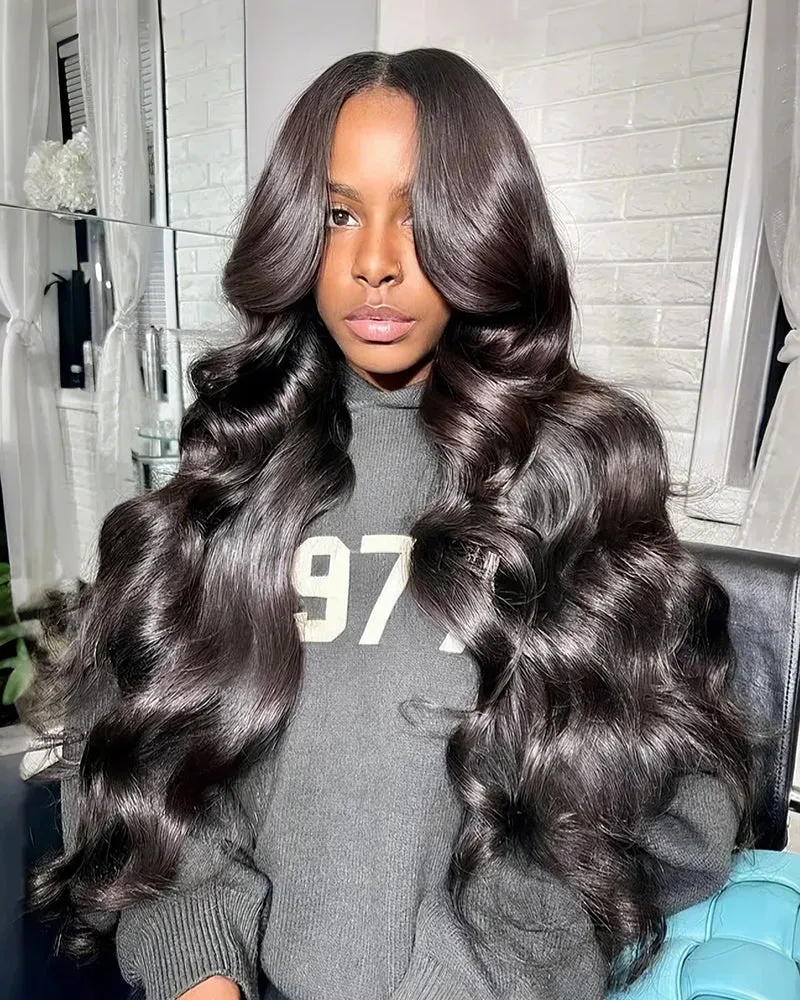 Body Wave Natural Black 4x4 Lace Human Hair Wig Middle Part