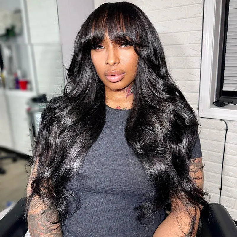 Body Wave With Bangs Natural Black Non-Lace Machine Made Protective Style Human Hair Wigs