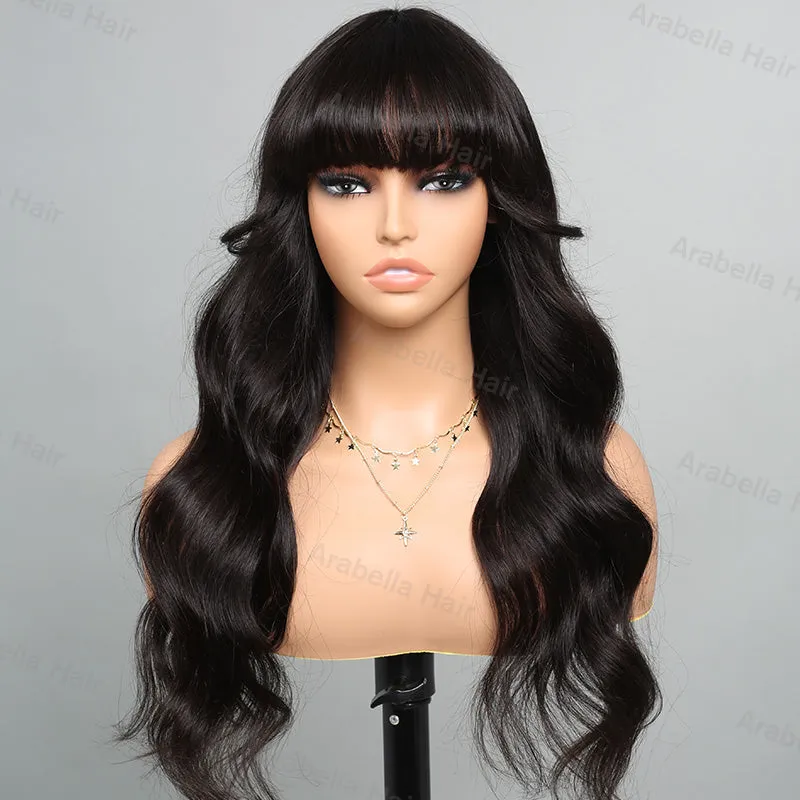Body Wave With Bangs Natural Black Non-Lace Machine Made Protective Style Human Hair Wigs