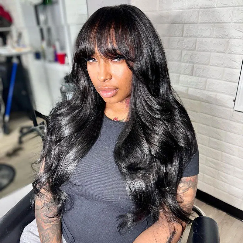 Body Wave With Bangs Natural Black Non-Lace Machine Made Protective Style Human Hair Wigs