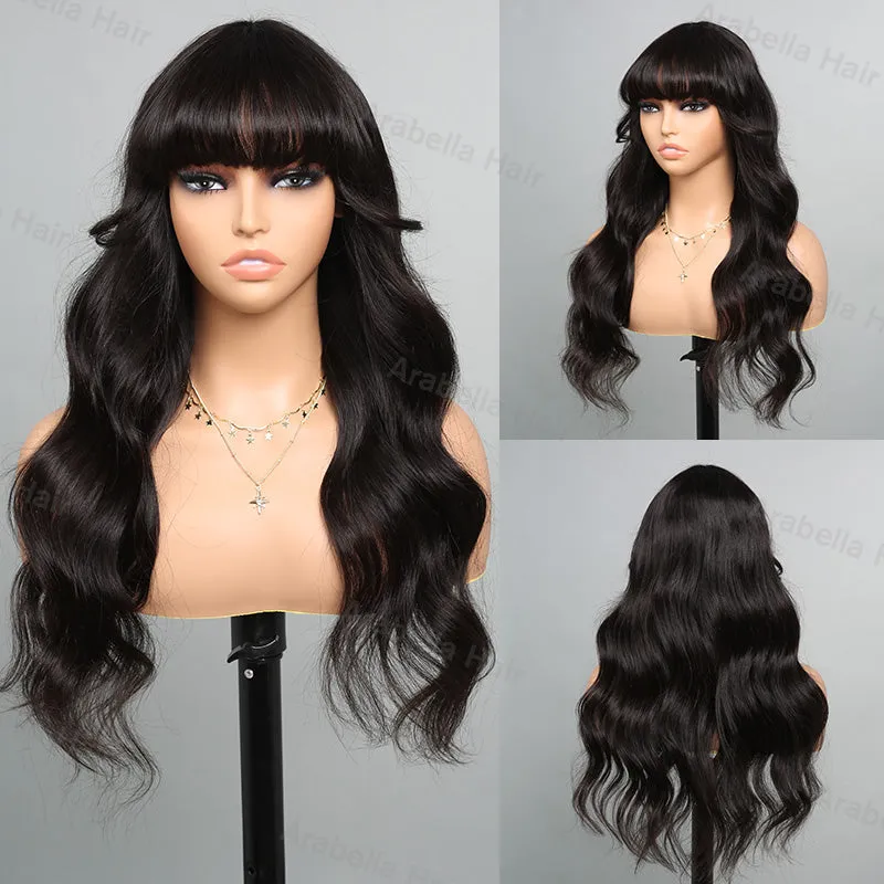 Body Wave With Bangs Natural Black Non-Lace Machine Made Protective Style Human Hair Wigs