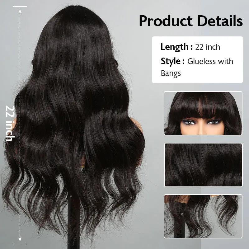 Body Wave With Bangs Natural Black Non-Lace Machine Made Protective Style Human Hair Wigs