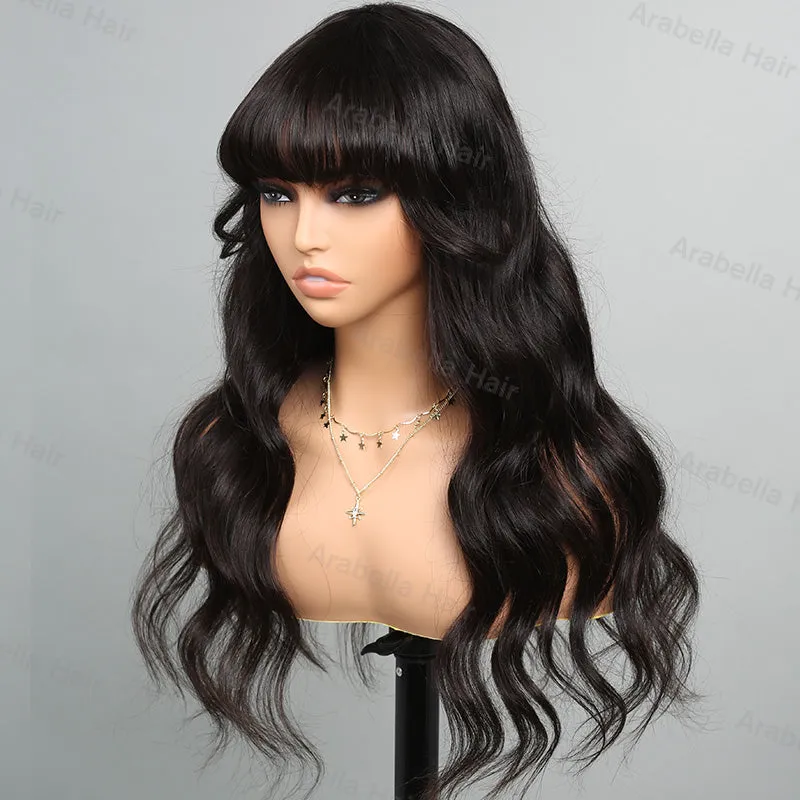 Body Wave With Bangs Natural Black Non-Lace Machine Made Protective Style Human Hair Wigs