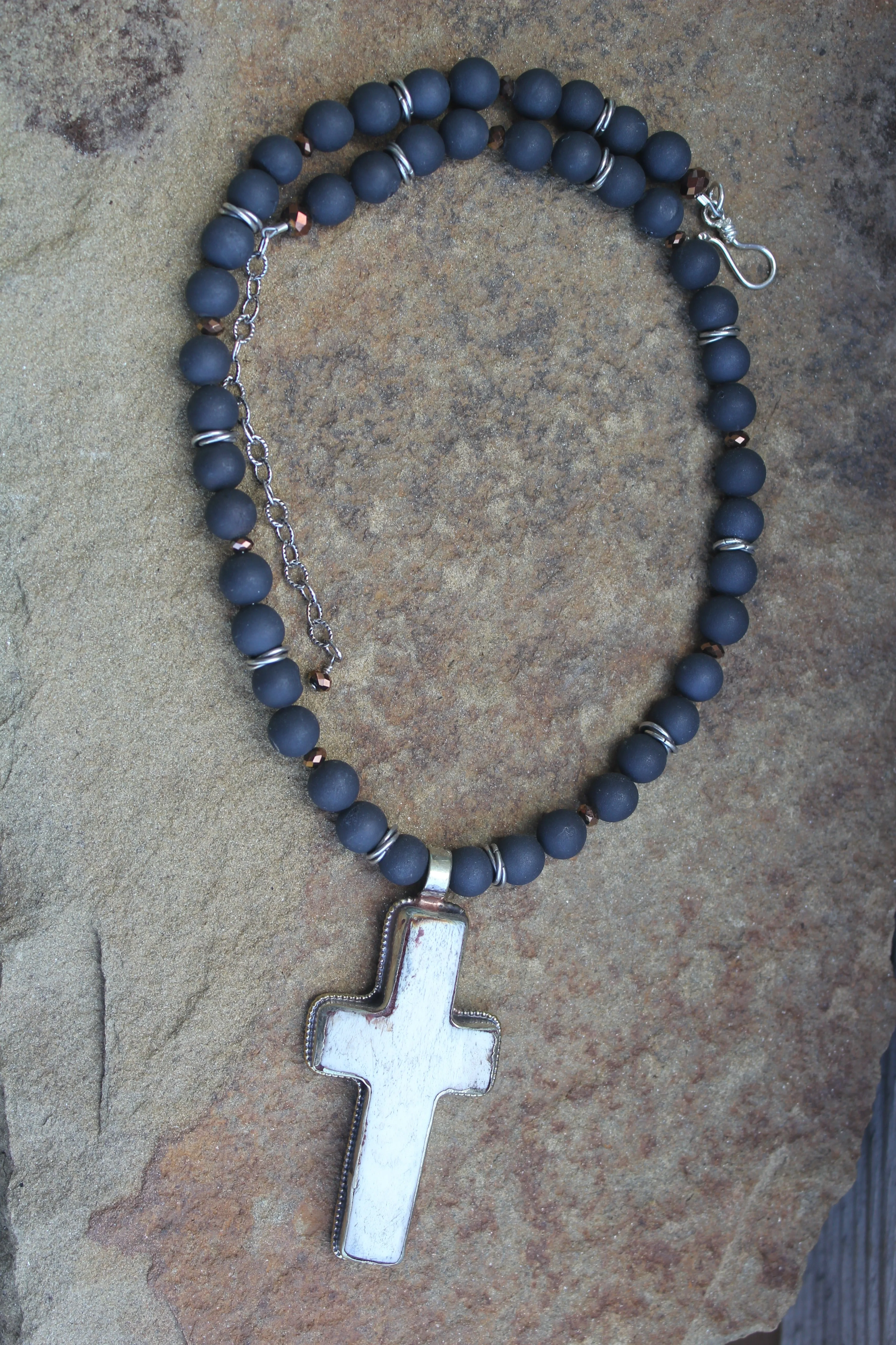 Bone cross & Black Druzy Agate Necklace