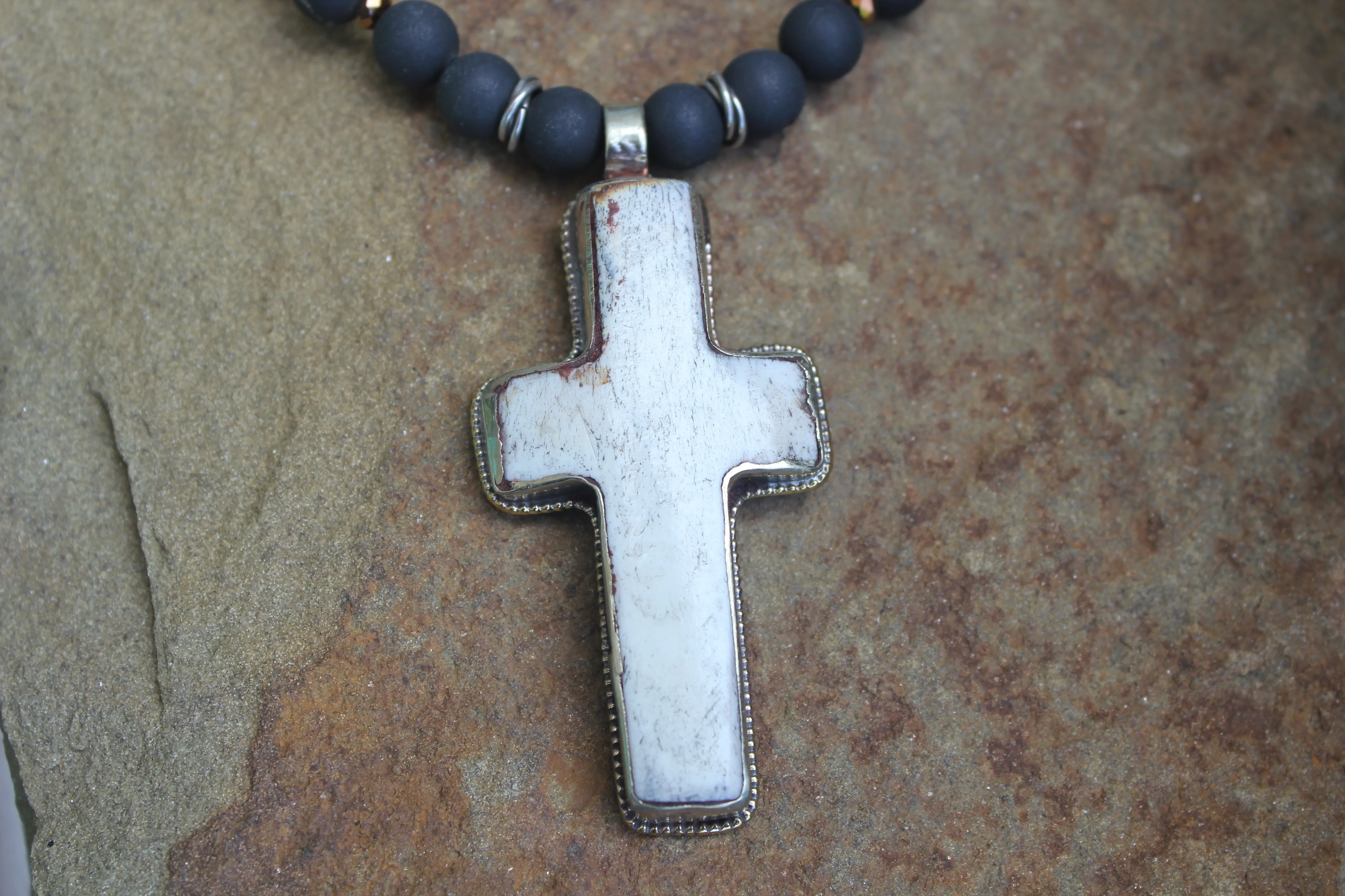 Bone cross & Black Druzy Agate Necklace