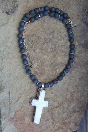 Bone cross & Black Druzy Agate Necklace