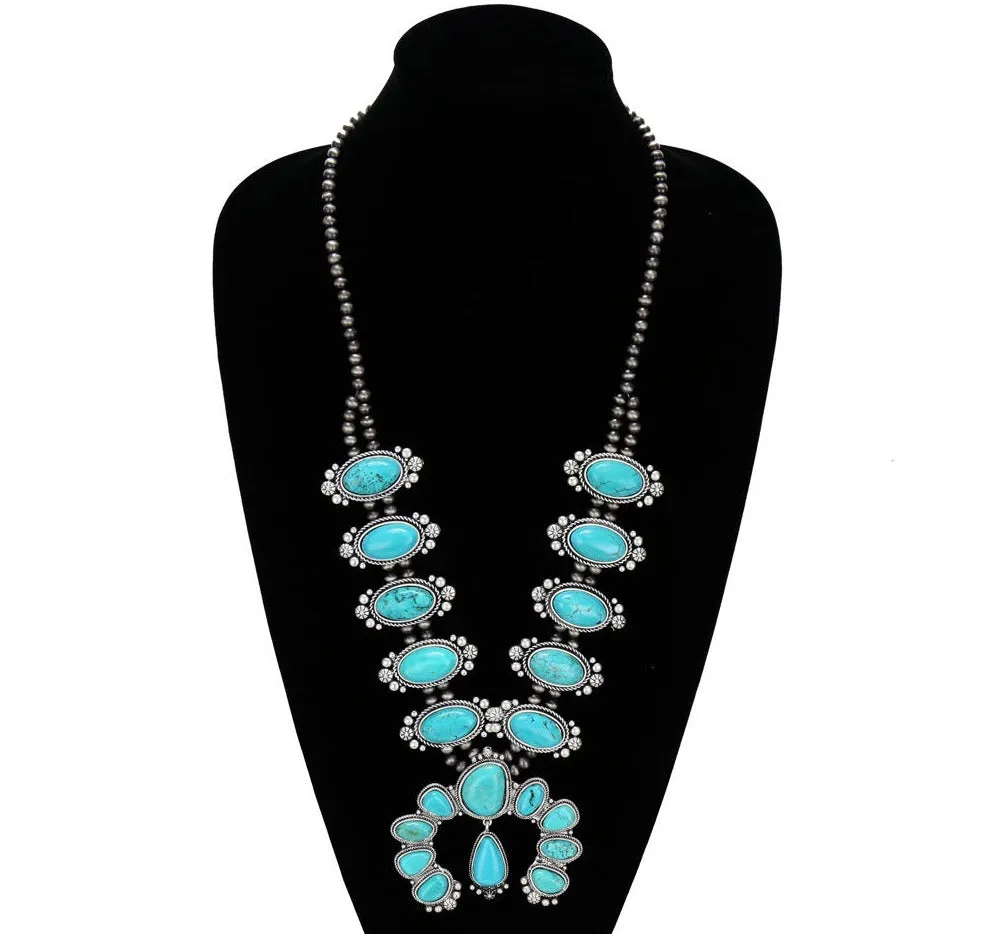 Bonnie Double Strand Oval Squash Blossom Natural Stone Necklace With Naja - Turquoise
