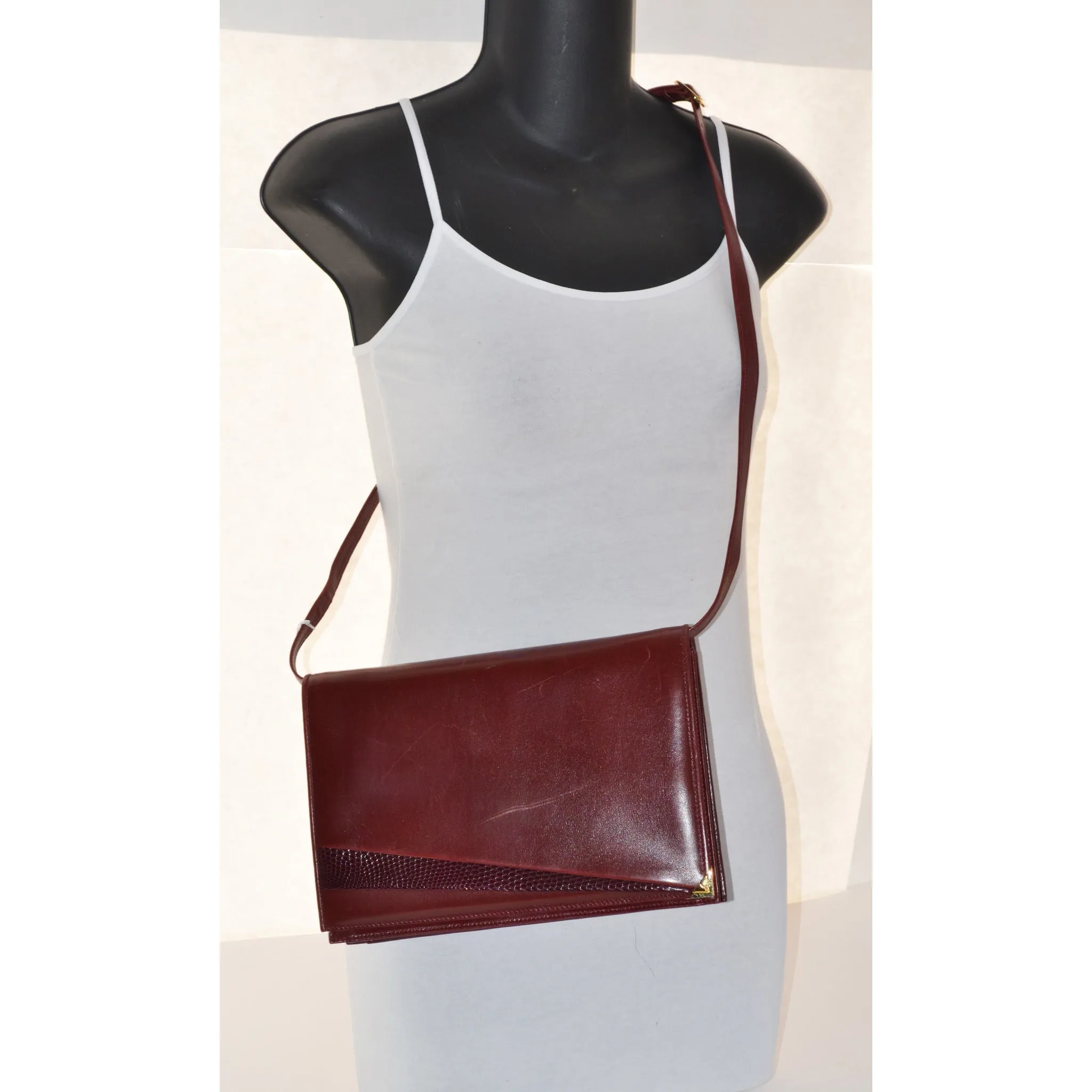 Bordeaux Leather & Reptile Purse By Ferragamo