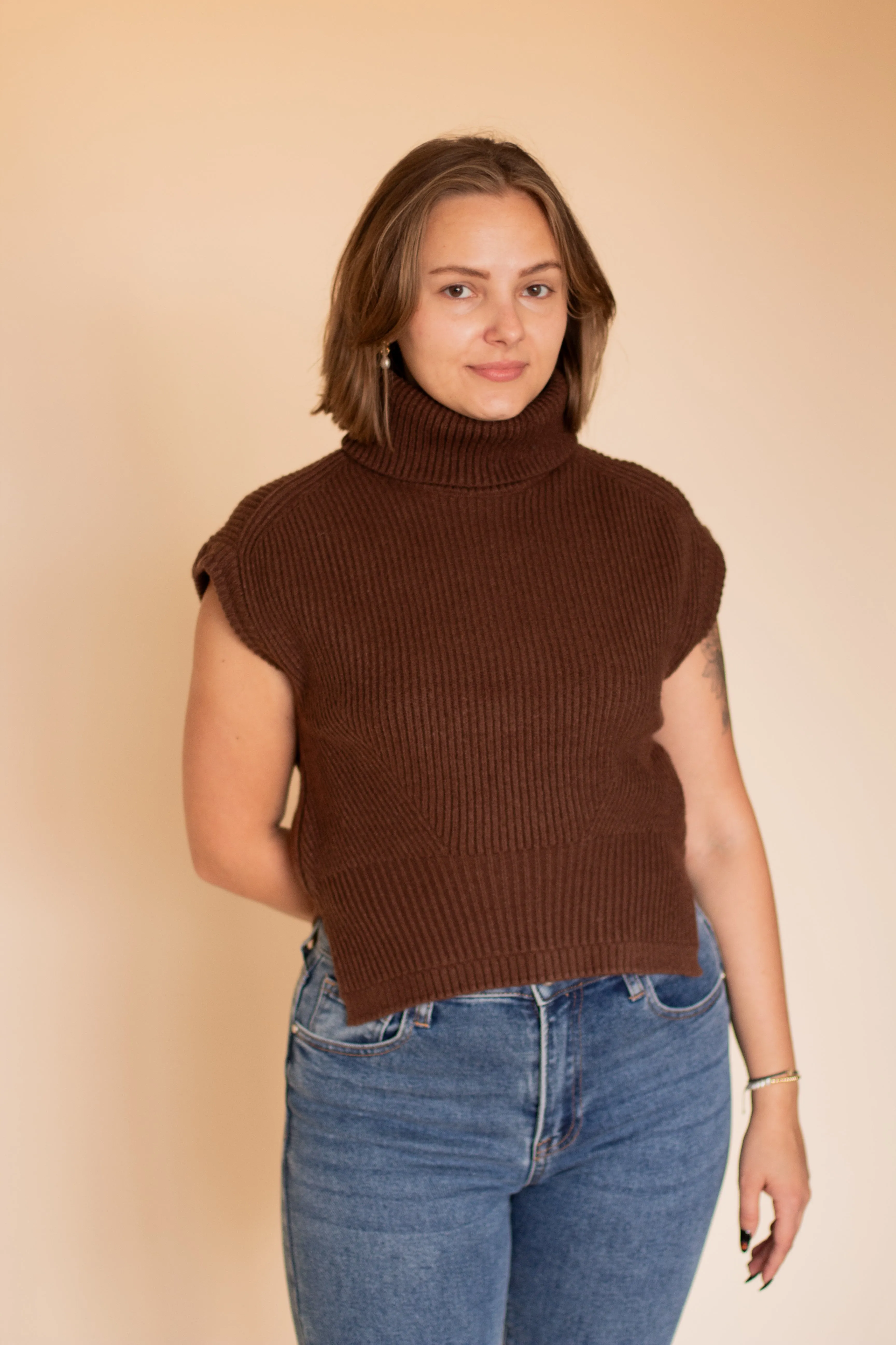 Brown Ribbed Turtle Neck