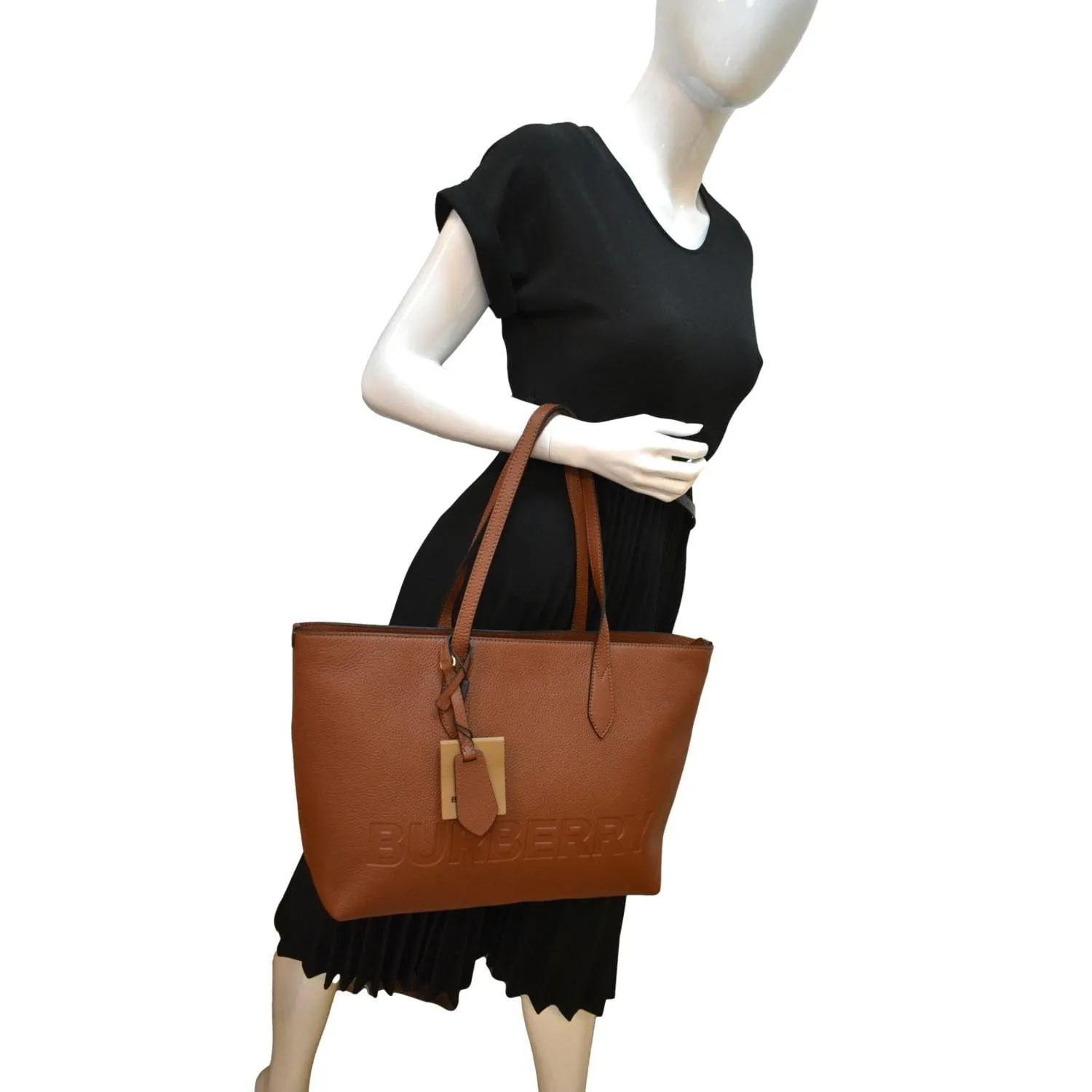 BURBERRY Logo Medium Embossed Leather Tote Bag Tan