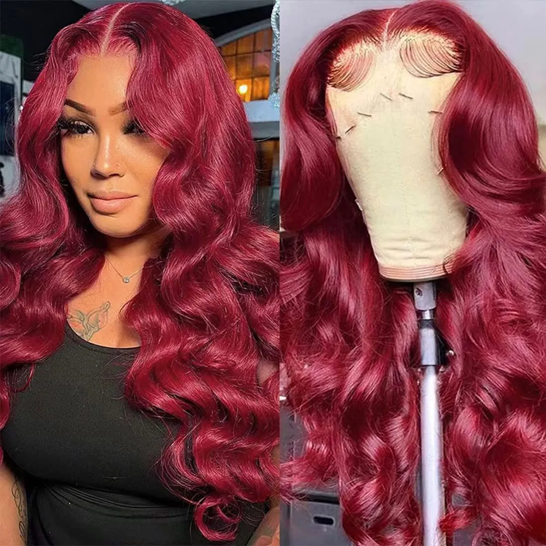 Burgundy #99J Red Color  Body Wave/Straight 13x4 Lace Front Human Hair Wig Free Part