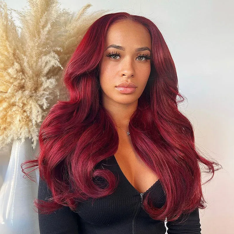 Burgundy #99J Red Color  Body Wave/Straight 13x4 Lace Front Human Hair Wig Free Part