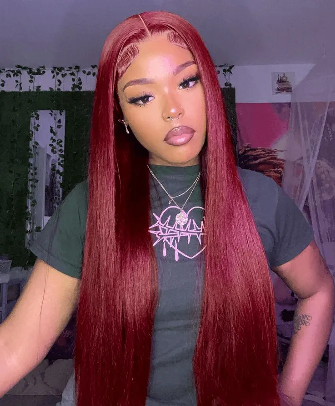Burgundy #99J Red Color  Body Wave/Straight 13x4 Lace Front Human Hair Wig Free Part