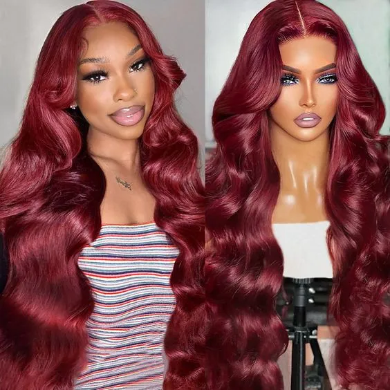 Burgundy #99J Red Color  Body Wave/Straight 13x4 Lace Front Human Hair Wig Free Part