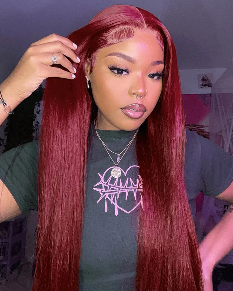 Burgundy #99J Red Color  Body Wave/Straight 13x4 Lace Front Human Hair Wig Free Part