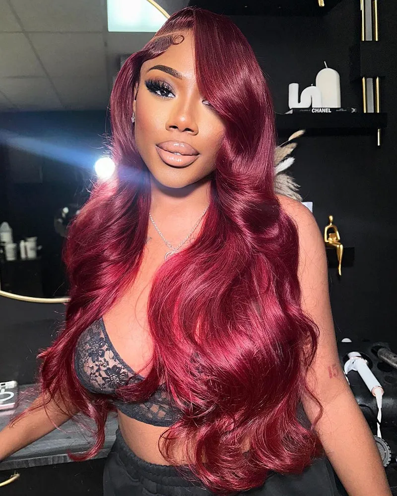 Burgundy #99J Red Color  Body Wave/Straight 13x4 Lace Front Human Hair Wig Free Part