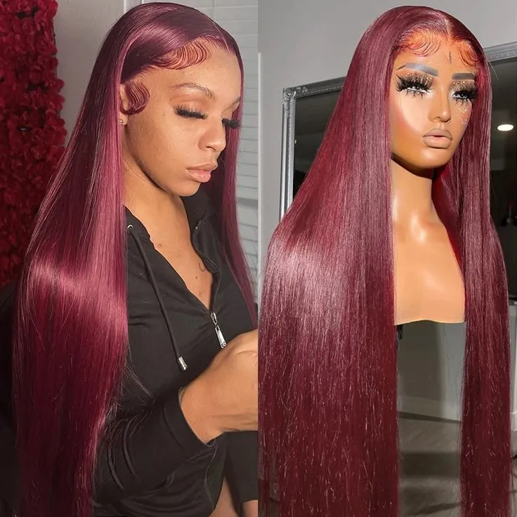 Burgundy #99J Red Color  Body Wave/Straight 13x4 Lace Front Human Hair Wig Free Part