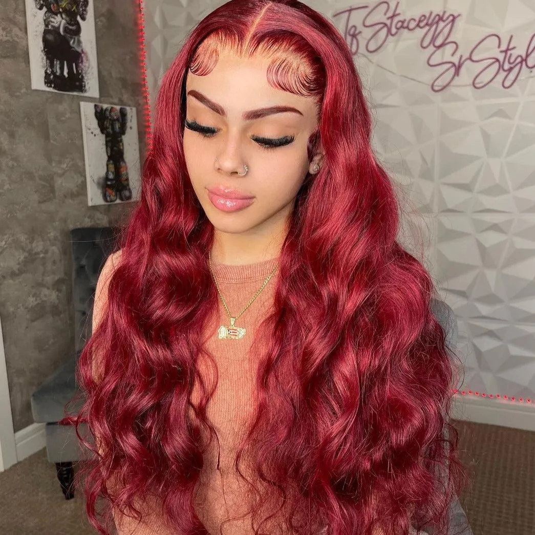 Burgundy #99J Red Color  Body Wave/Straight 13x4 Lace Front Human Hair Wig Free Part