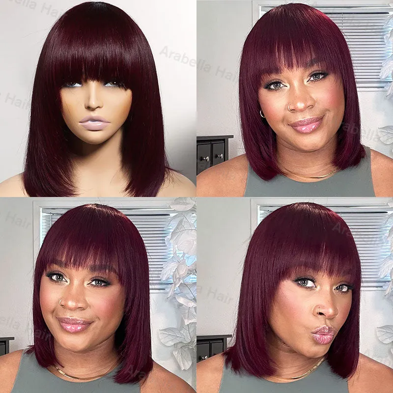 Burgundy Wig with Bangs Non-Lace Short Bob Straight Human Hair Wig