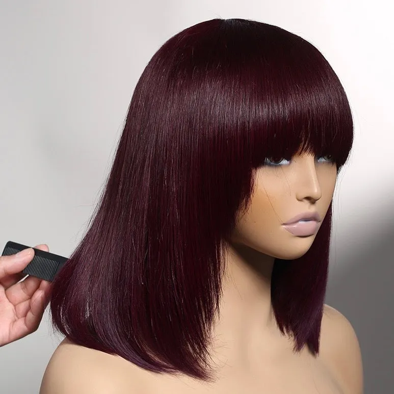 Burgundy Wig with Bangs Non-Lace Short Bob Straight Human Hair Wig