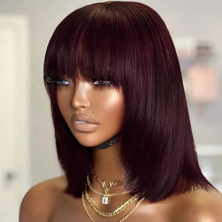 Burgundy Wig with Bangs Non-Lace Short Bob Straight Human Hair Wig