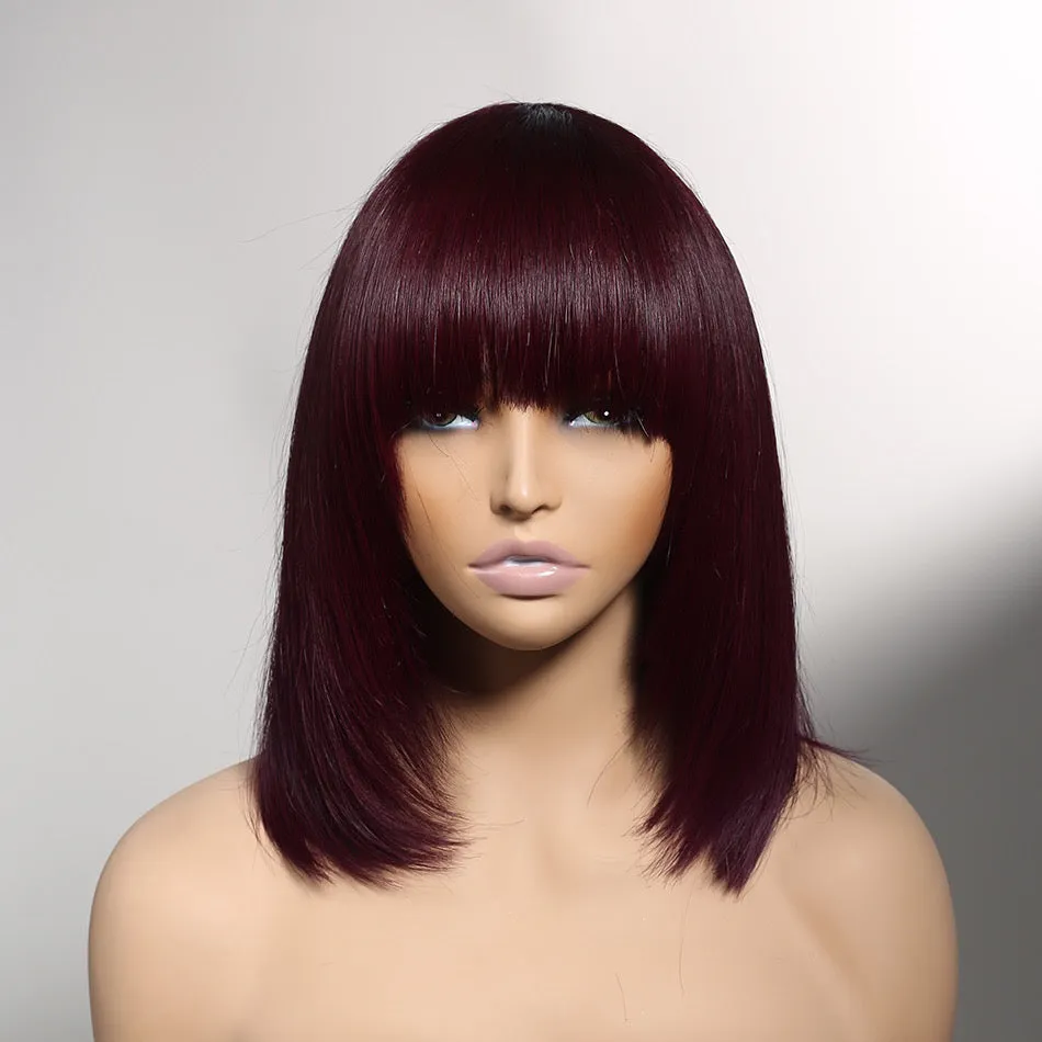 Burgundy Wig with Bangs Non-Lace Short Bob Straight Human Hair Wig
