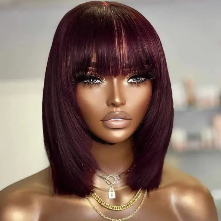 Burgundy Wig with Bangs Non-Lace Short Bob Straight Human Hair Wig