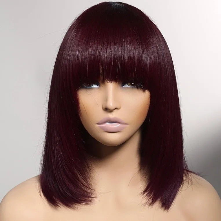 Burgundy Wig with Bangs Non-Lace Short Bob Straight Human Hair Wig