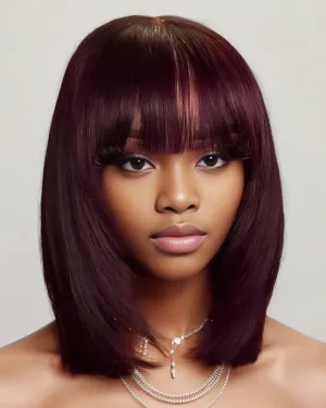 Burgundy Wig with Bangs Non-Lace Short Bob Straight Human Hair Wig