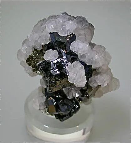 Calcite on Pyrite after Pyrrhotite with Arsenopyrite and Sphalerite, Trepca Complex near Mitrovica, Kosovska Municipality, Kosovo, Mined 2014, Miniature 3.5 X 5.0 X 5.0 cm, $125.  Online 8/19. SOLD.