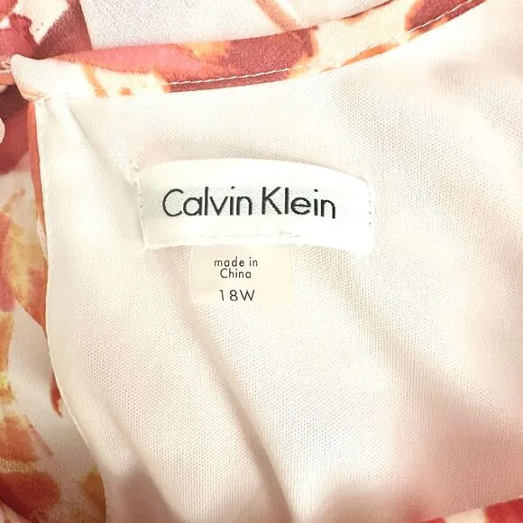 CALVIN KLEIN Chiffon Shift Dress Women Plus 18 W Pink Palm Sheer Sleeveless NWT