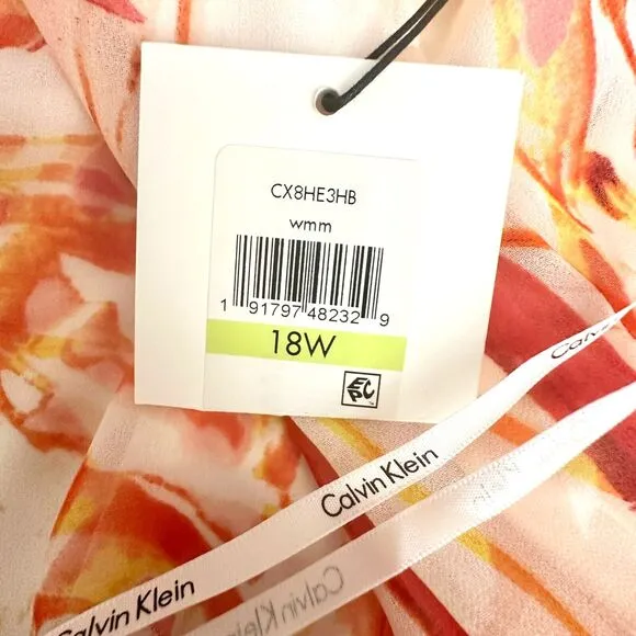 CALVIN KLEIN Chiffon Shift Dress Women Plus 18 W Pink Palm Sheer Sleeveless NWT
