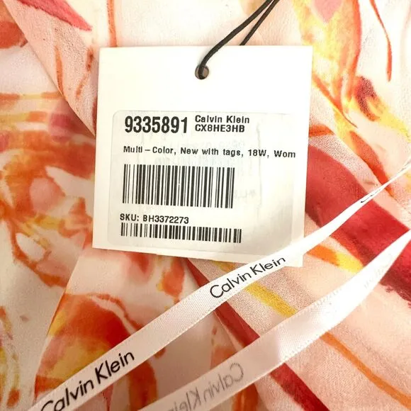 CALVIN KLEIN Chiffon Shift Dress Women Plus 18 W Pink Palm Sheer Sleeveless NWT