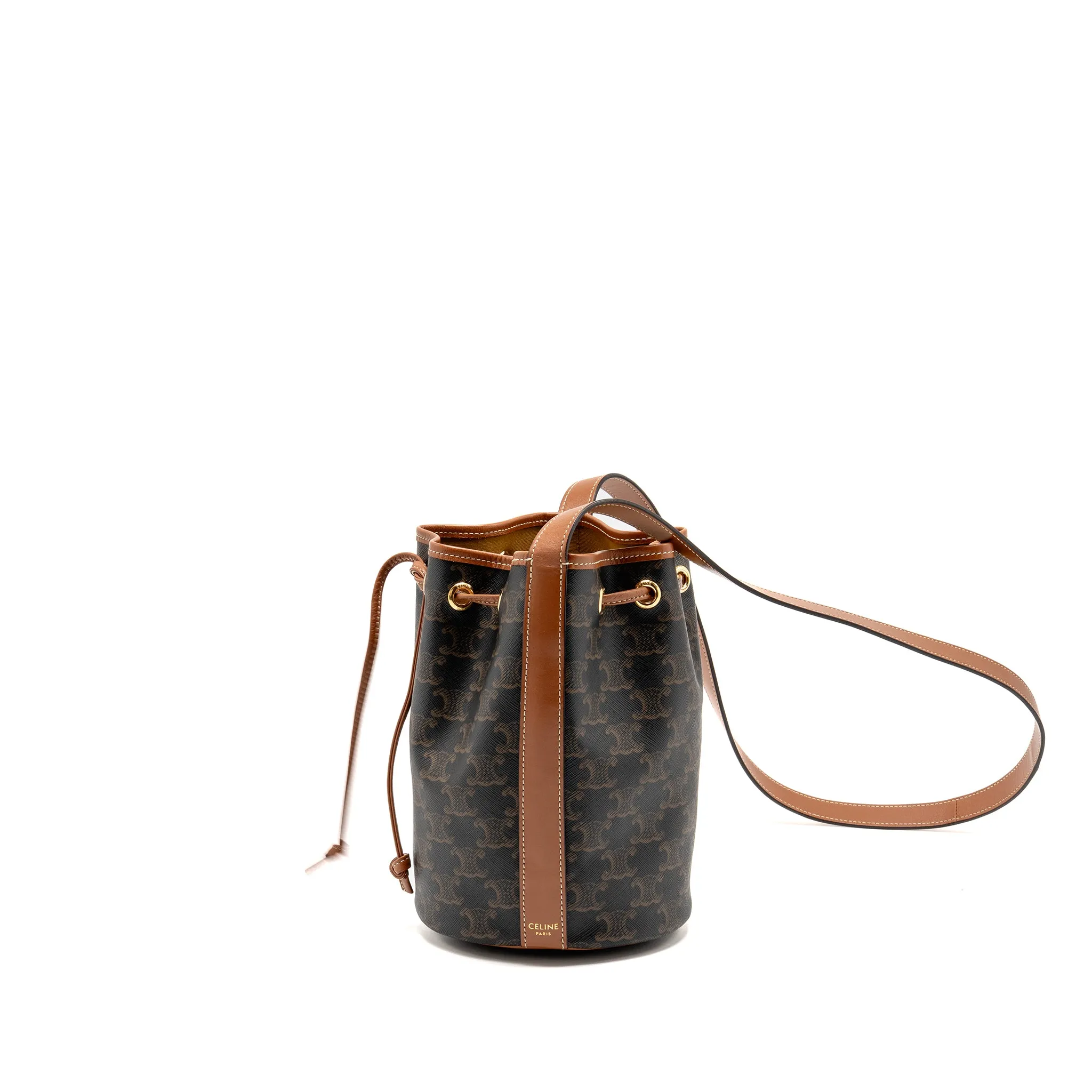 Celine Small Drawstring Bag Triomphe Canvas / Calfskin Tan GHW