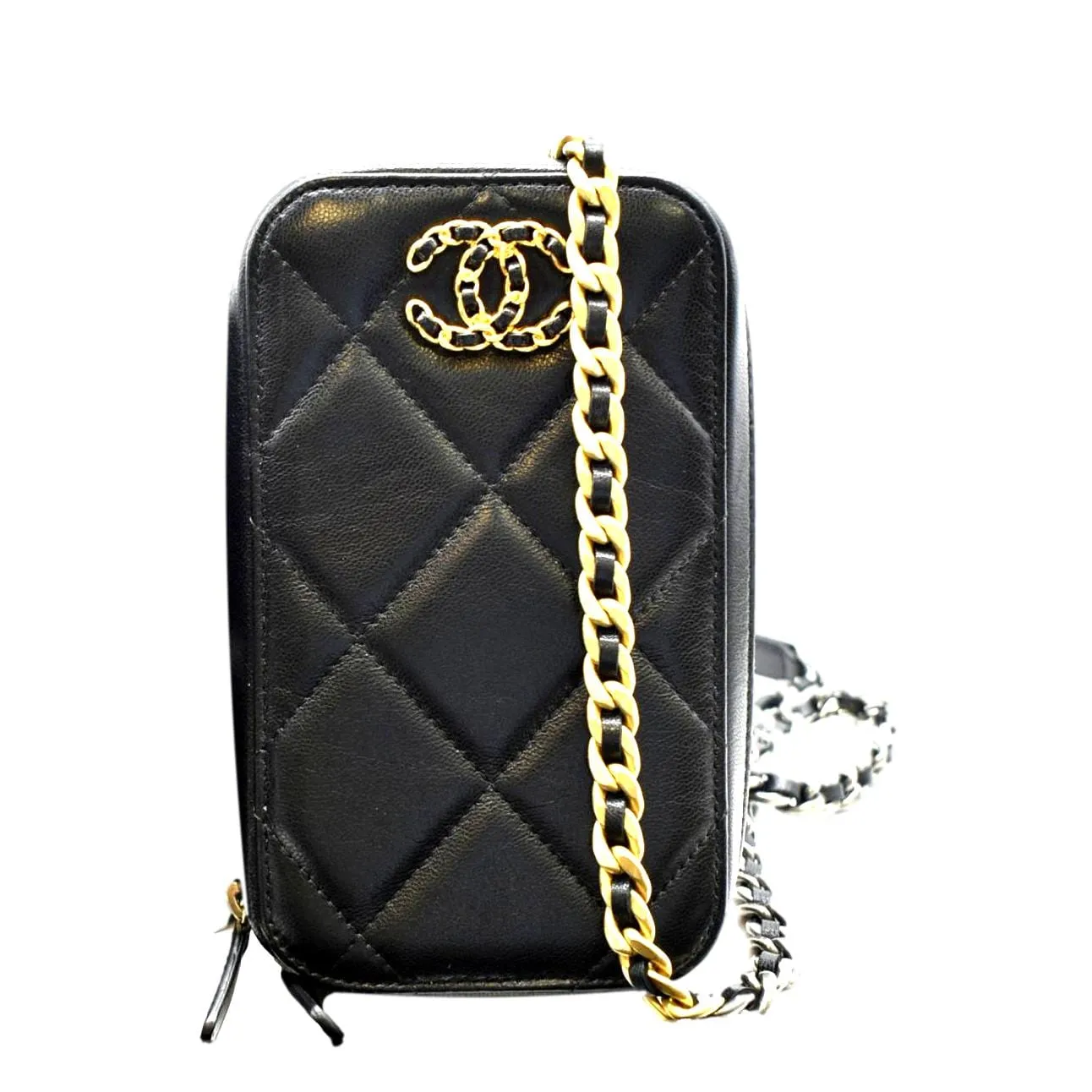 CHANEL 19 Zip Quilted Leather Phone Case Black
