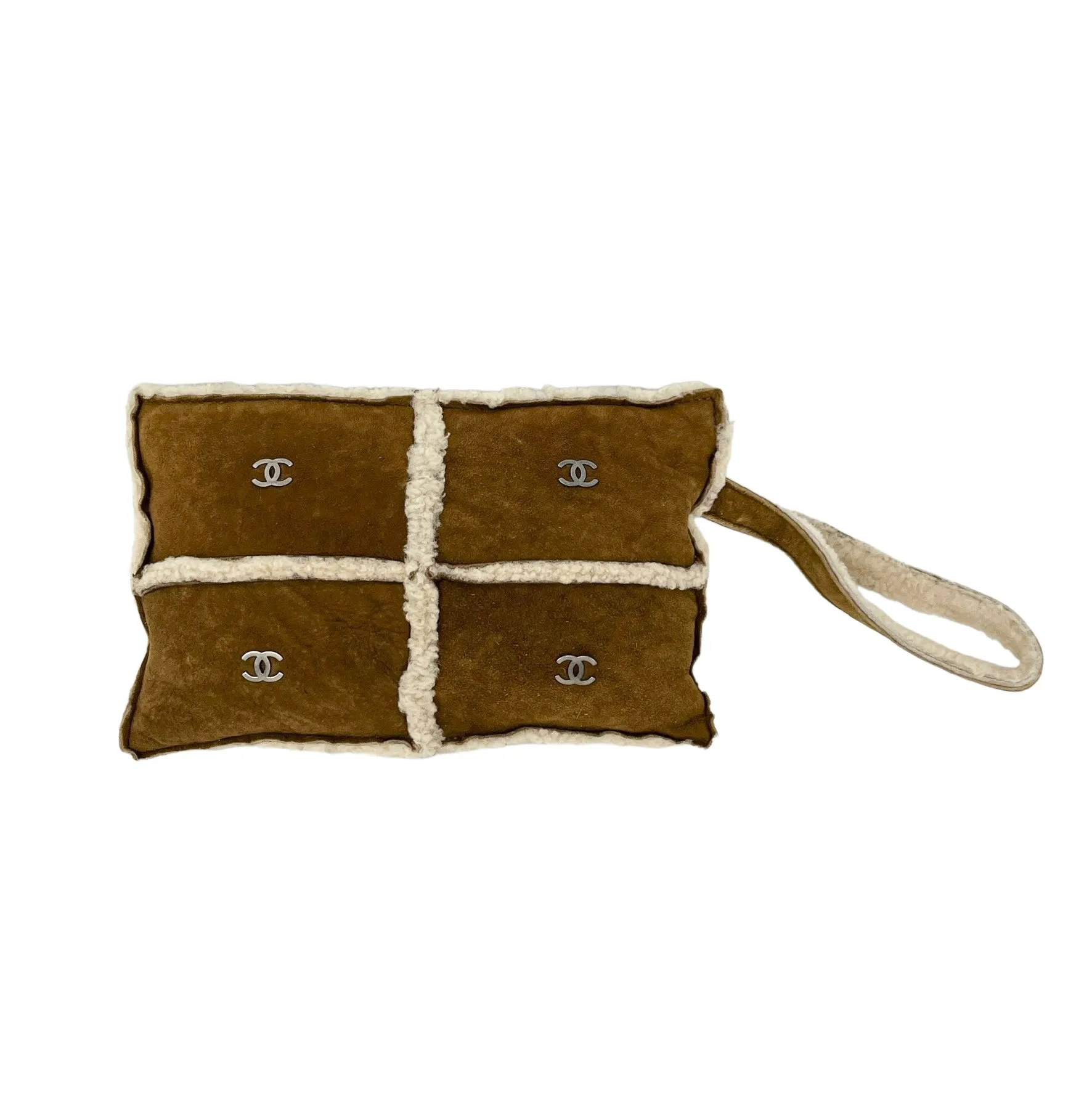 Chanel Brown Shearling Logo Clutch