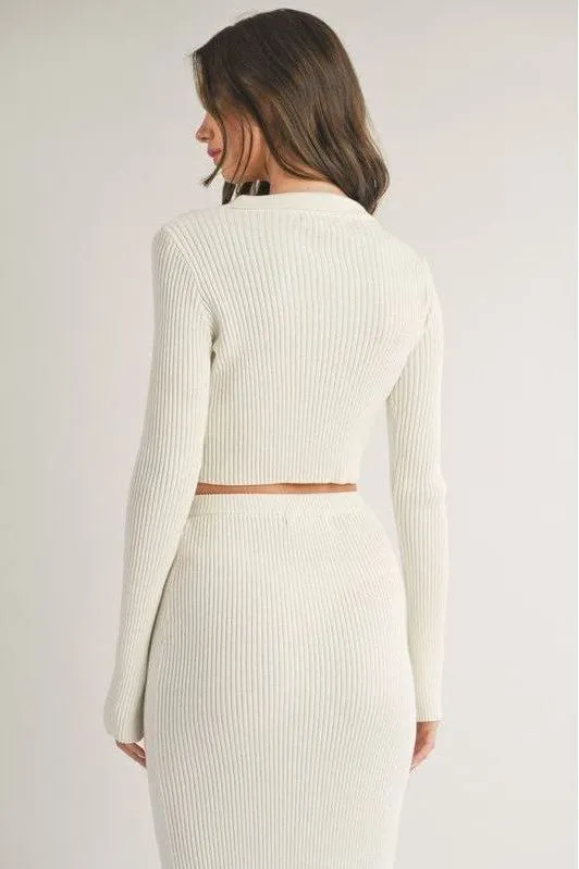 Collared Front Button Ribbed Sweater - Top
