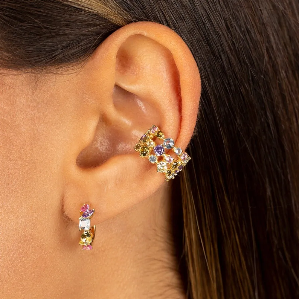 Colored Multi Shape Three Row Ear Cuff