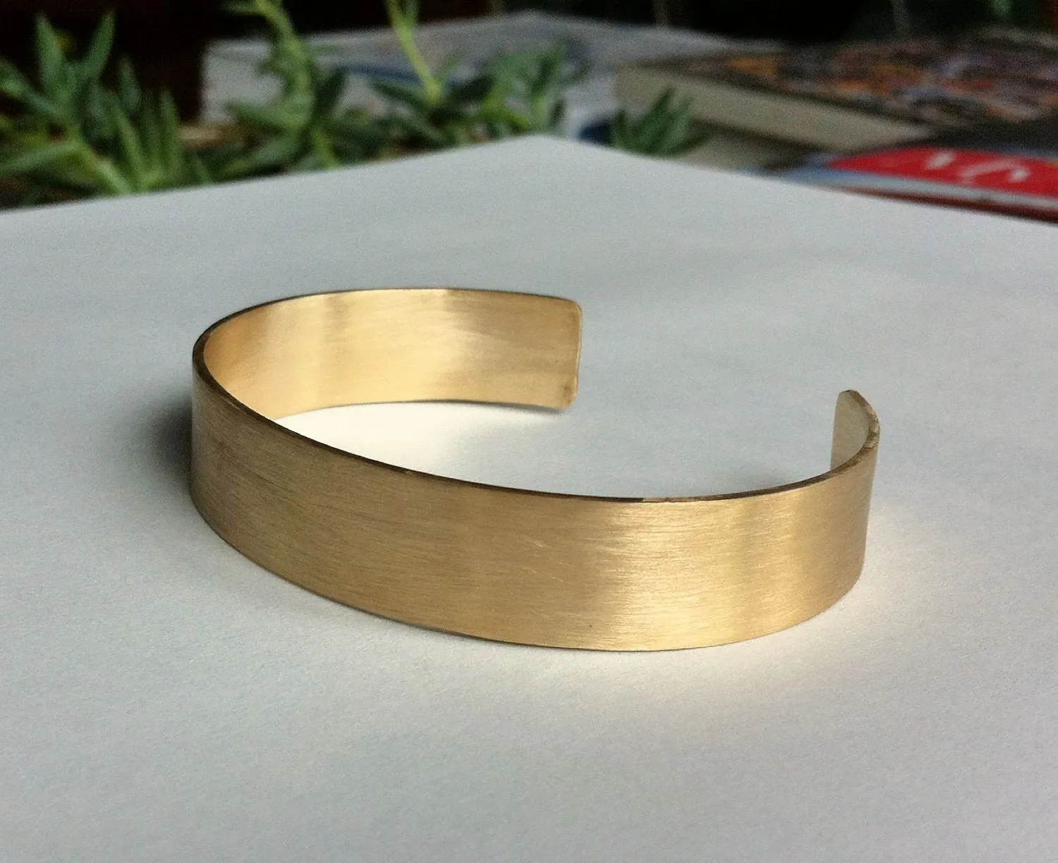 Contemporary Hand-Made Adjustable Rectangle Plain Cuff Bracelet in Honey Colored Brass - 0075