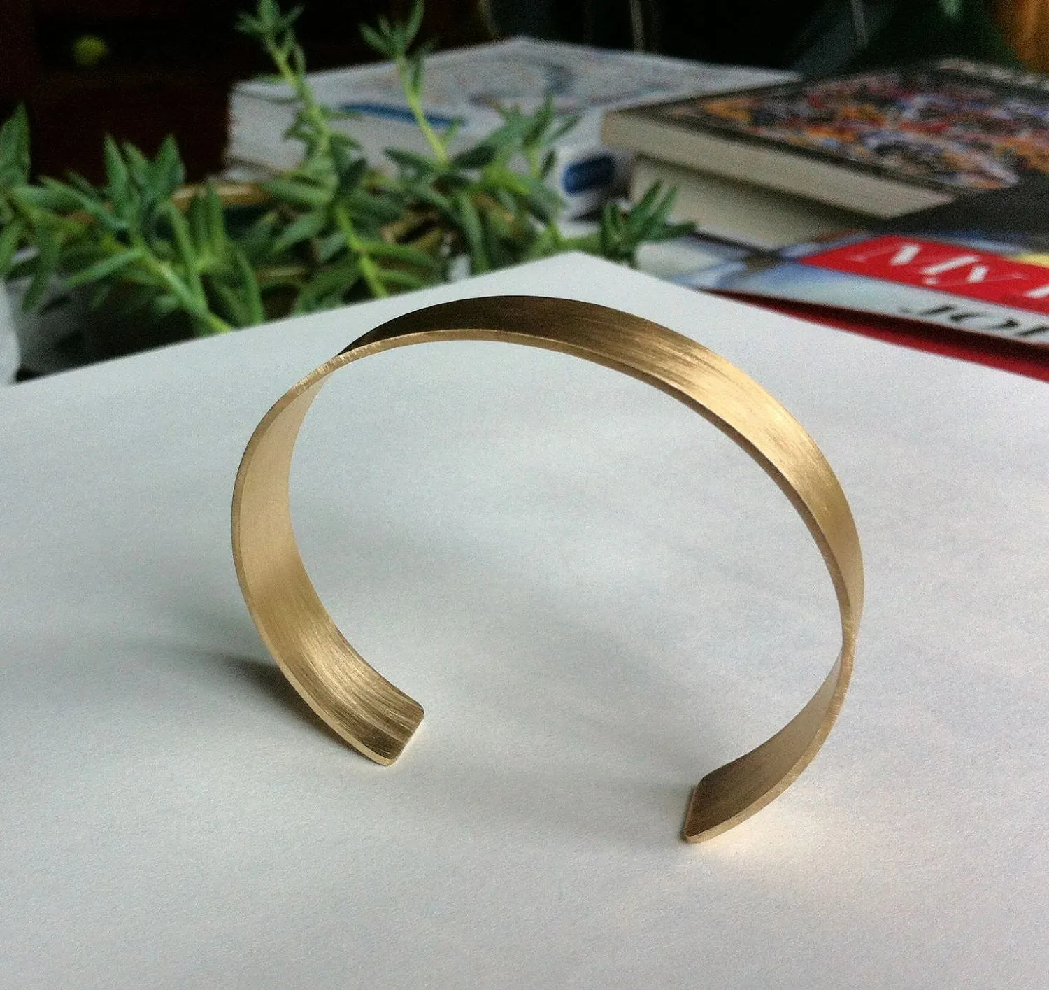 Contemporary Hand-Made Adjustable Rectangle Plain Cuff Bracelet in Honey Colored Brass - 0075